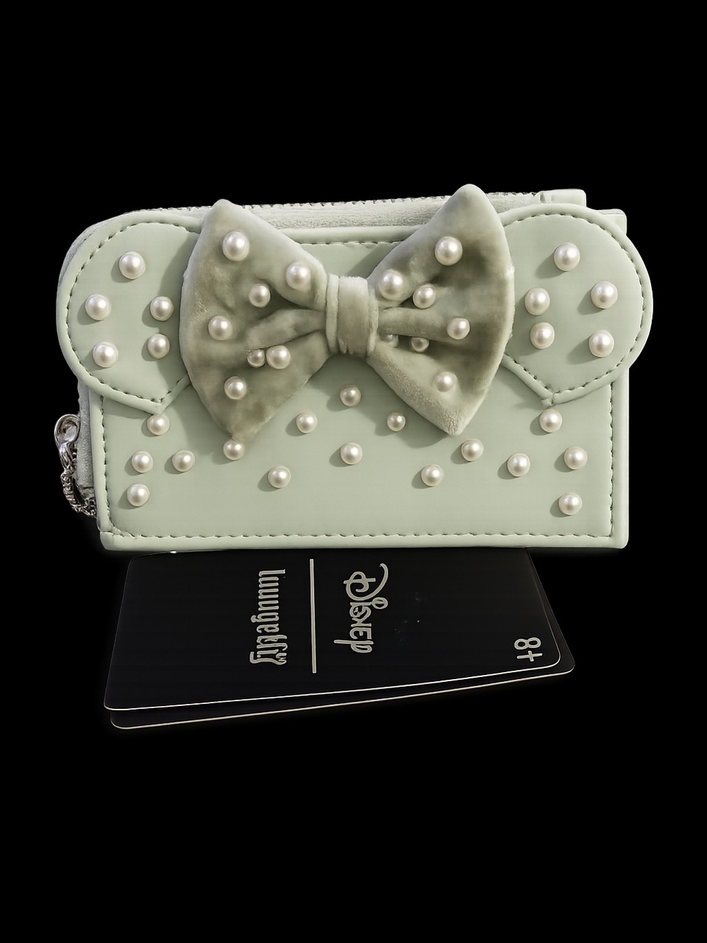 Loungefly Disney Minnie Mouse Sage Green Pearl Bow Card Holder Wallet NWT